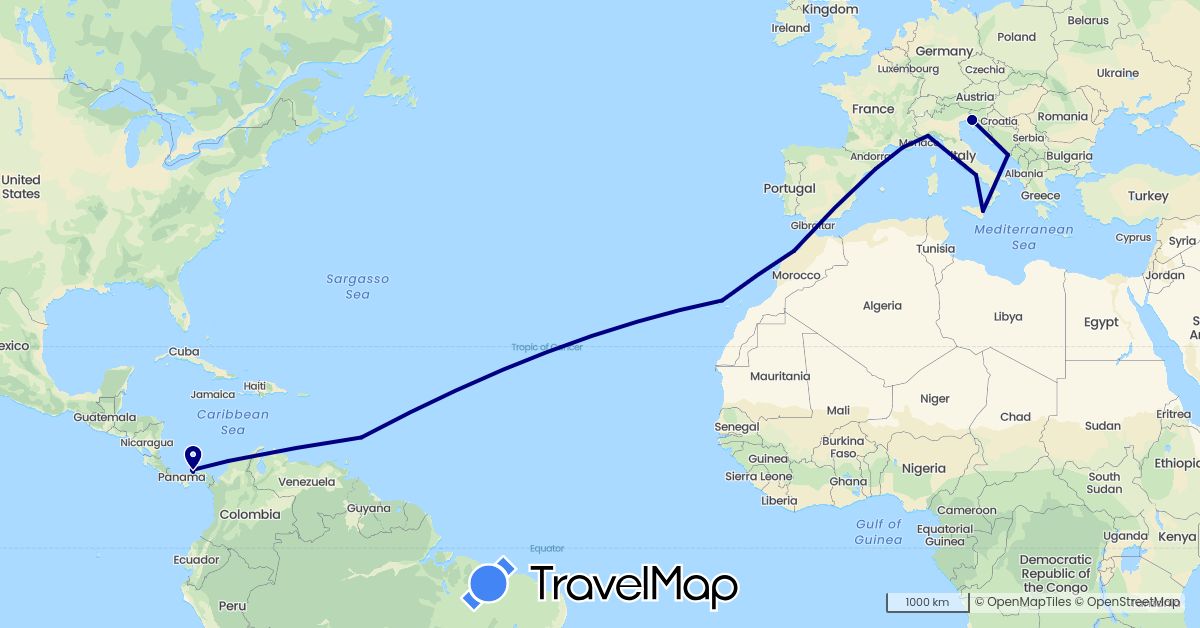 TravelMap itinerary: driving in Barbados, Colombia, Spain, France, Croatia, Italy, Morocco, Panama (Africa, Europe, North America, South America)